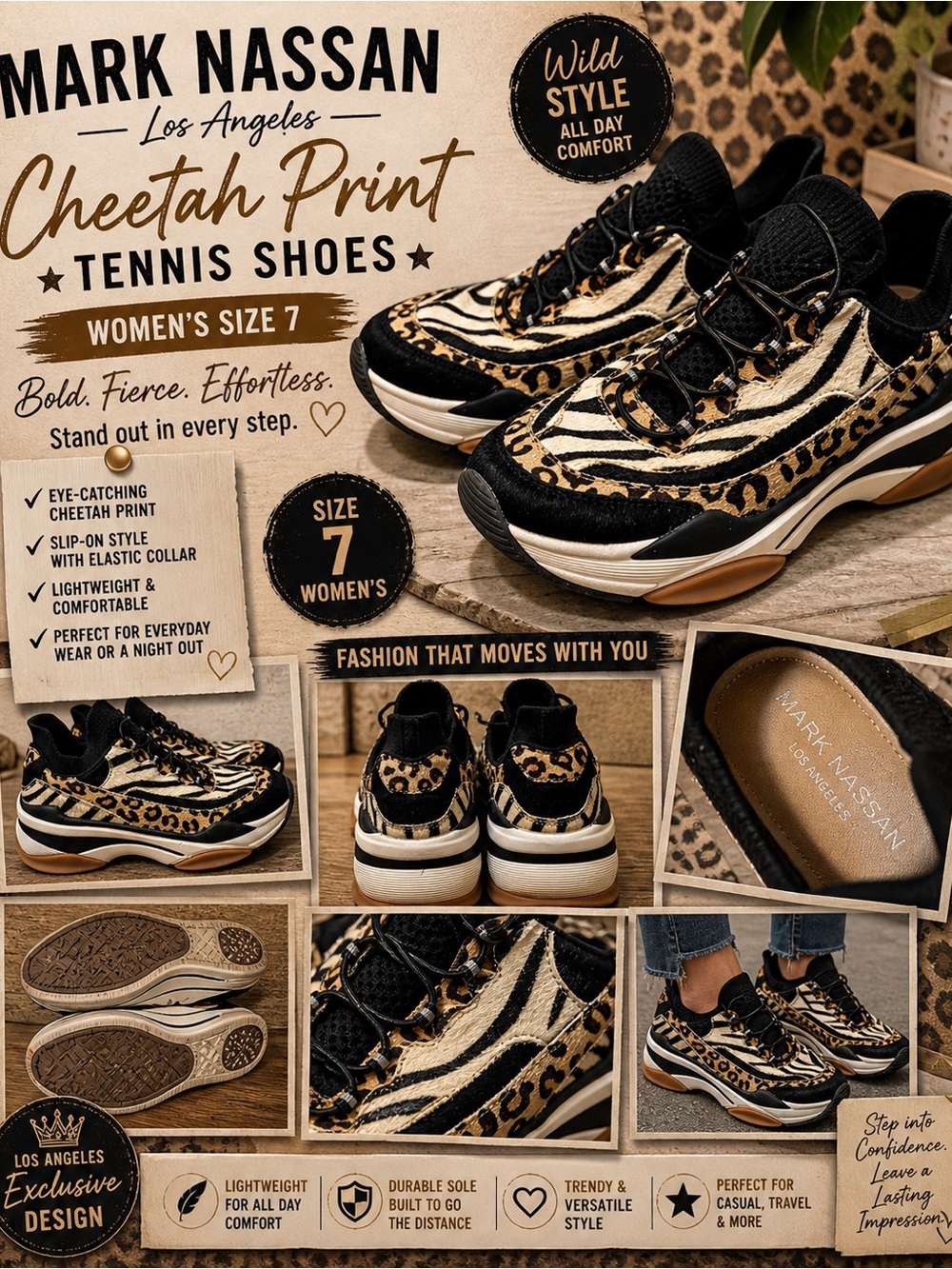 Women’s Cheetah Print Athletic Sneakers - Black & Tan